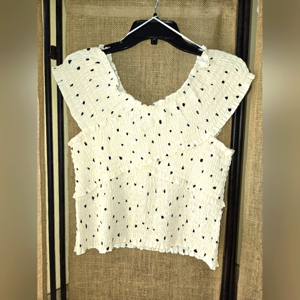 EUC Women's Melloday Pale Pink Black Dot Ruched Top Size XL - Picture 1 of 6